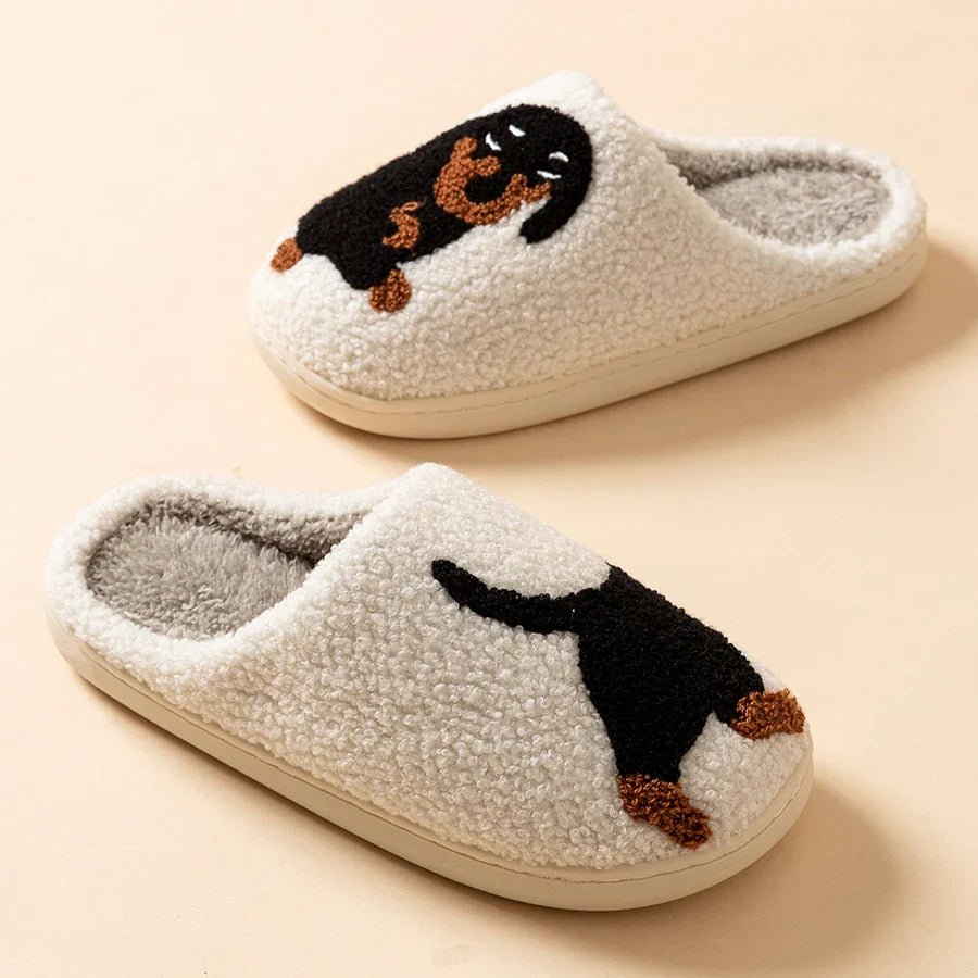 Cozy Winter Womens Plush Slippers With Black Dog Design - Nalani - UK Fashion Clothing and Decor