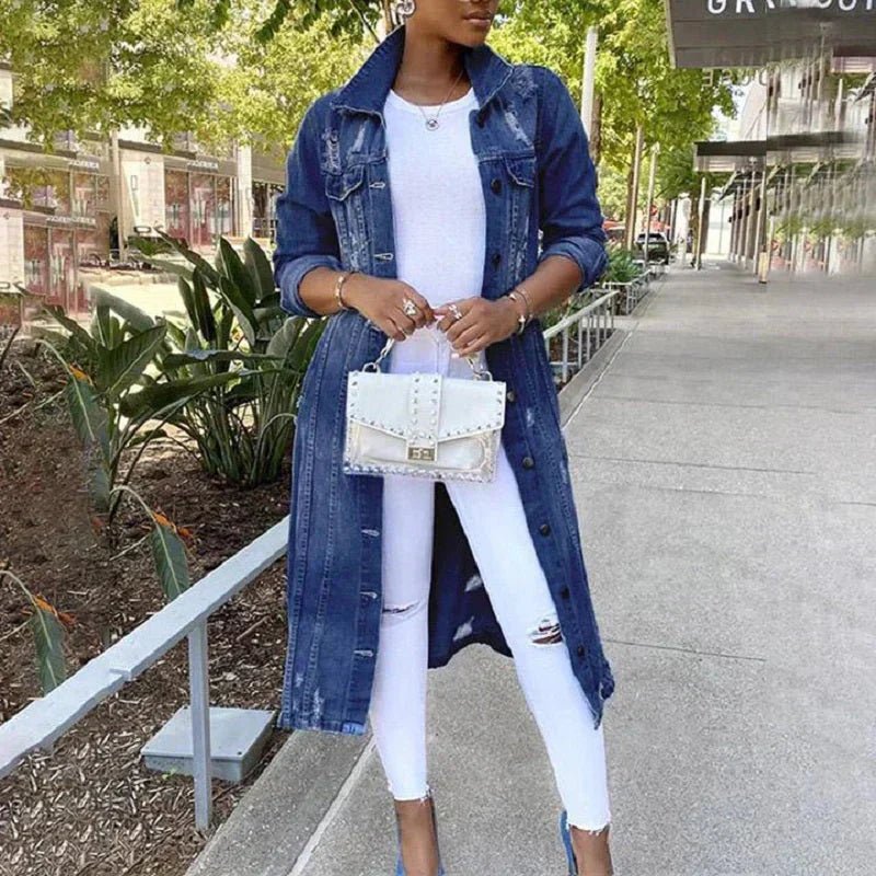 Denim Trenchcoat | Stylish Longline Trenchcoat for Everyday Wear - Nalani - UK Fashion Clothing and Decor