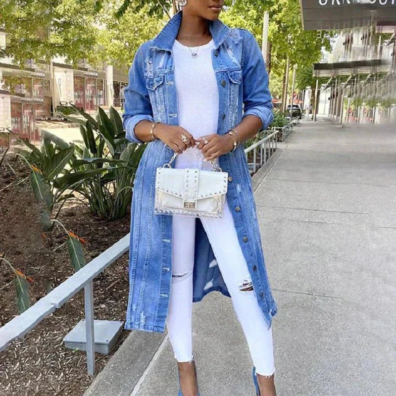Denim Trenchcoat | Stylish Longline Trenchcoat for Everyday Wear - Nalani - UK Fashion Clothing and Decor