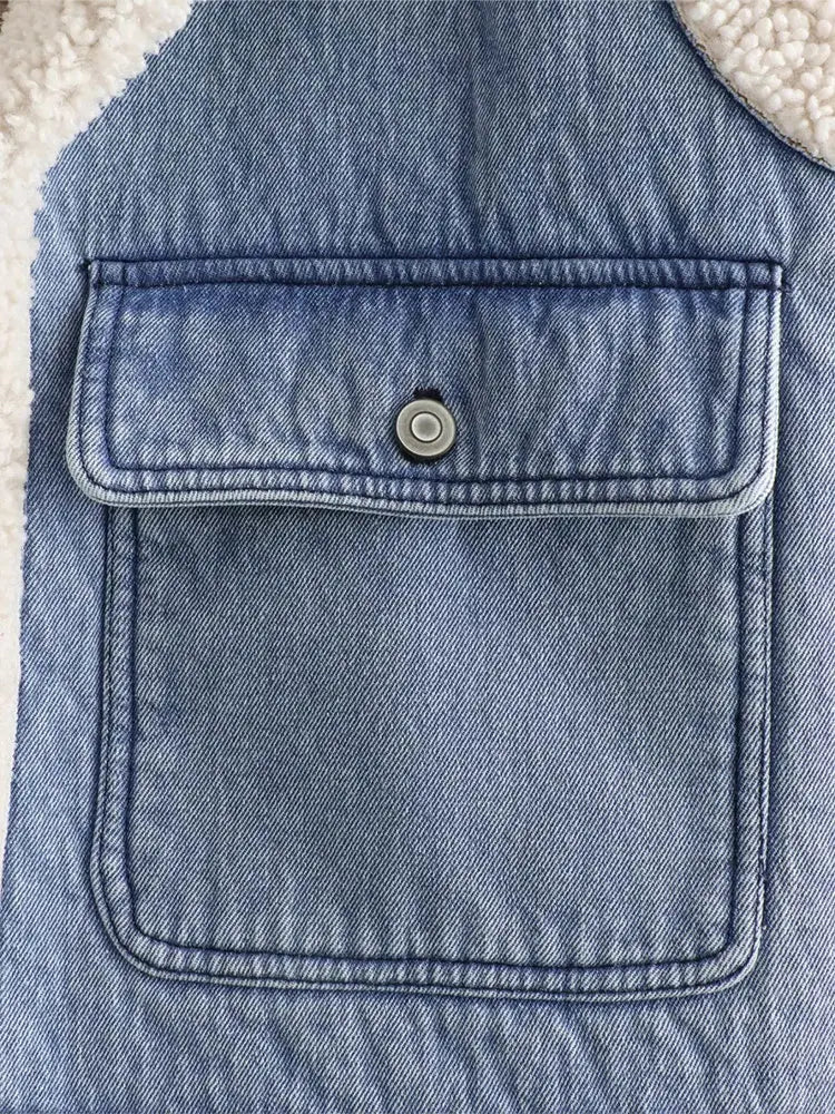 Denim Vest With Vintage Inspired Sherpa Lined Collar For Layering - Nalani - UK Fashion Clothing and Decor