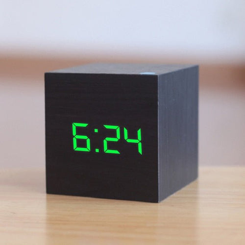 Digital Square LED Alarm Clock – Wood Look Alarm Clock with Time, Date & Temperature, Night Mode, USB or Battery – TimeCube - Nalani - Fashion Clothing and Decor
