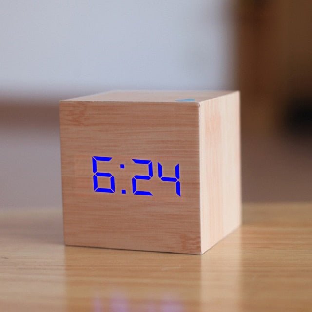 Digital Square LED Alarm Clock – Wood Look Alarm Clock with Time, Date & Temperature, Night Mode, USB or Battery – TimeCube - Nalani - Fashion Clothing and Decor