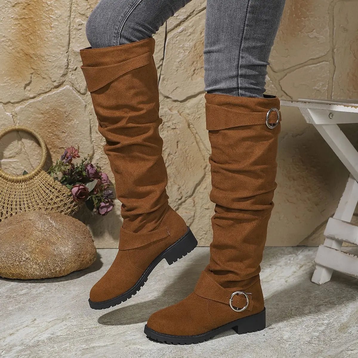Dôre | Women's Knee-High Boots - Low Block Heel Ring Accent Riding Boot - Nalani - Fashion Clothing and Decor