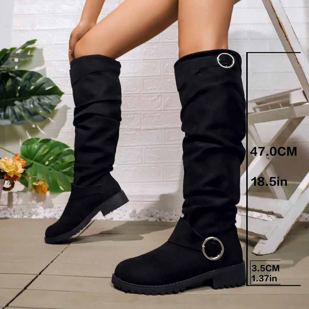 Dôre | Women's Knee-High Boots - Low Block Heel Ring Accent Riding Boot - Nalani - Fashion Clothing and Decor