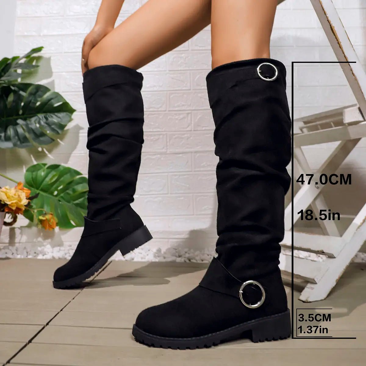 Dôre | Women's Knee-High Boots - Low Block Heel Ring Accent Riding Boot - Nalani - Fashion Clothing and Decor
