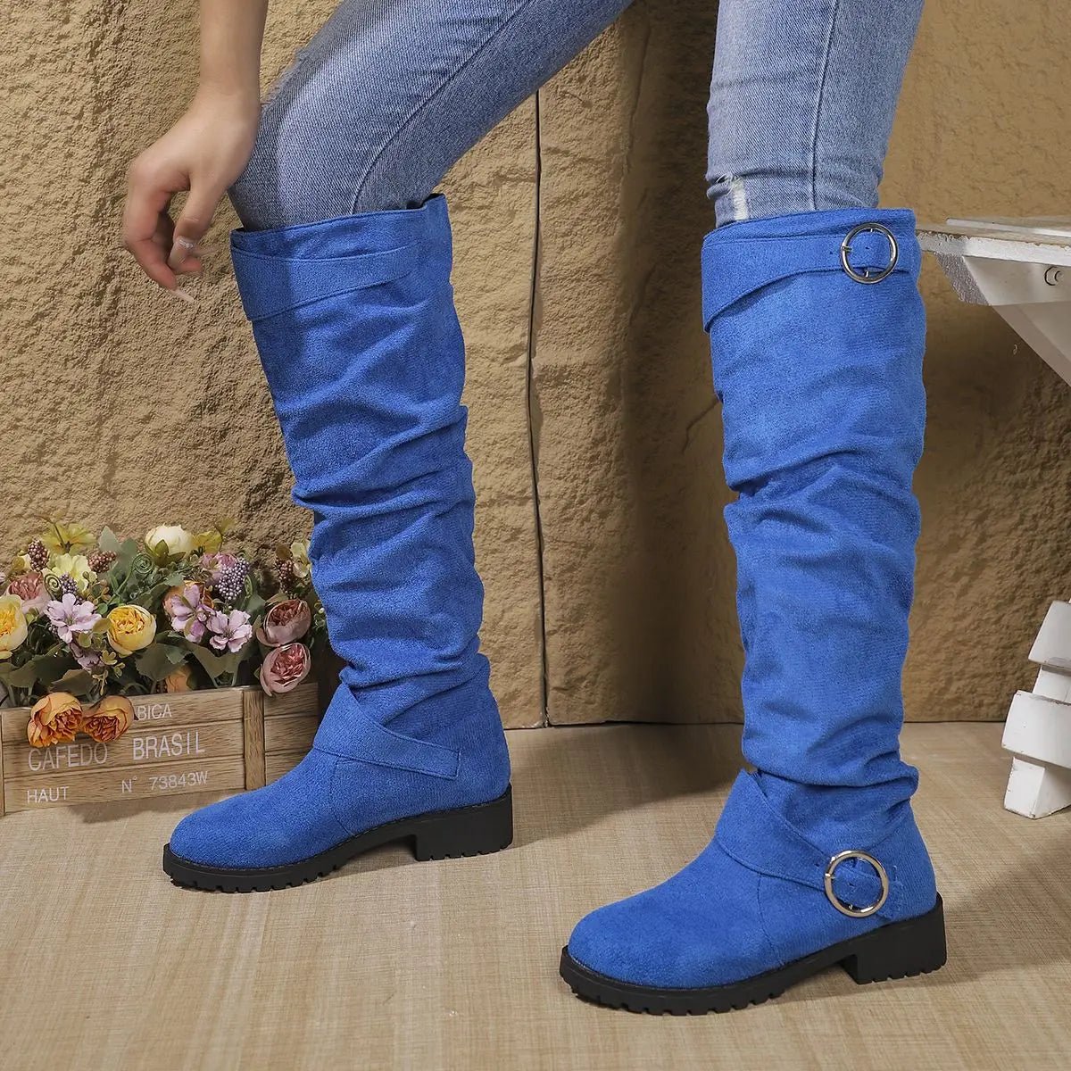 Dôre | Women's Knee-High Boots - Low Block Heel Ring Accent Riding Boot - Nalani - Fashion Clothing and Decor