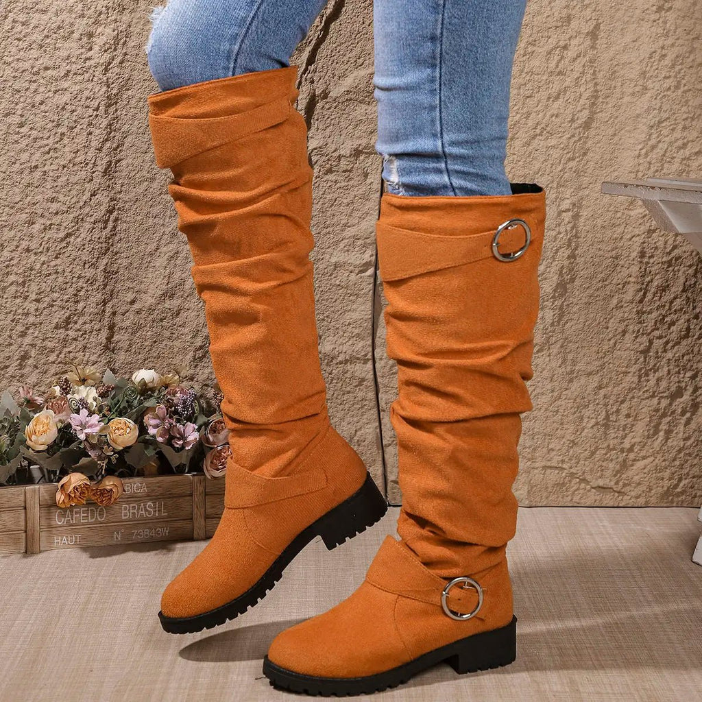 Dôre | Women's Knee-High Boots - Low Block Heel Ring Accent Riding Boot - Nalani - Fashion Clothing and Decor