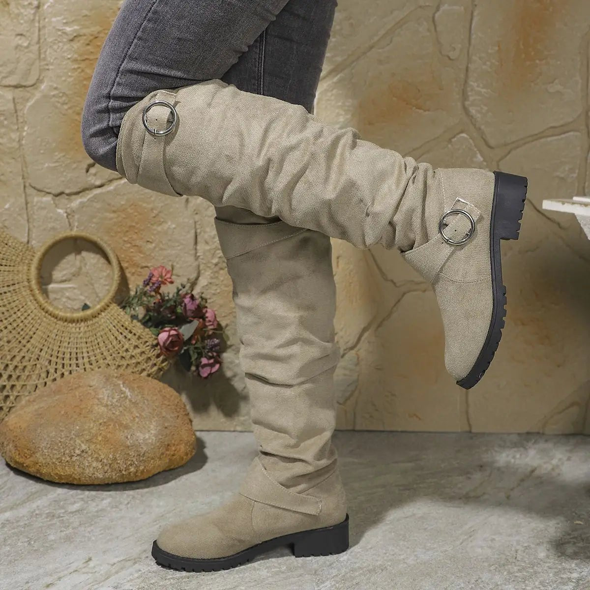Dôre | Women's Knee-High Boots - Low Block Heel Ring Accent Riding Boot - Nalani - Fashion Clothing and Decor