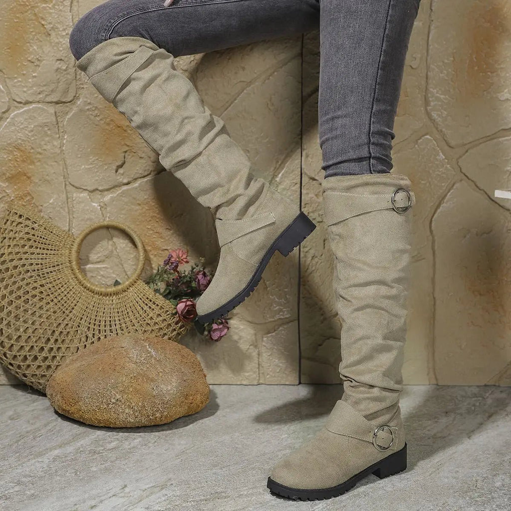 Dôre | Women's Knee-High Boots - Low Block Heel Ring Accent Riding Boot - Nalani - Fashion Clothing and Decor