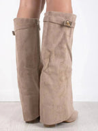 Elegant Knee High Shark Boots With Flap And 8.5cm Block Heel Leather - Nalani - UK Fashion Clothing and Decor