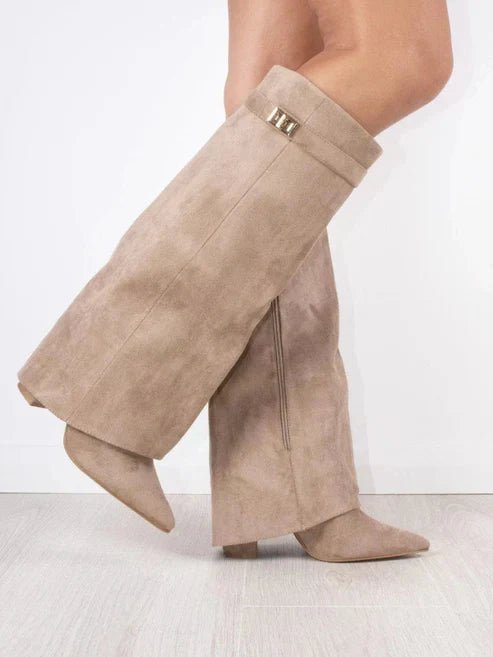 Elegant Knee High Shark Boots With Flap And 8.5cm Block Heel Leather - Nalani - UK Fashion Clothing and Decor