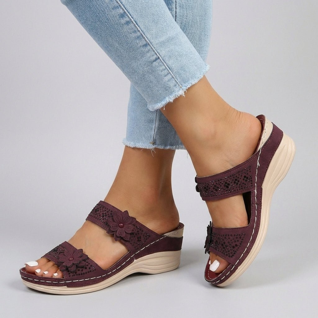 Embellished Floral Wedge Sandals With Orthopedic Arch Support - Nalani - UK and AUS Fashion Clothing and Decor