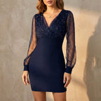 Embellished Sheer Sleeve V Neck Mini Dress For Glamorous Evenings - Nalani - UK and AUS Fashion Clothing and Decor