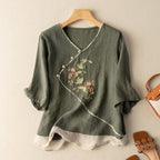 Embroidered Kimono Style Linen Blend Blouse Breathable Summer Top - Nalani - UK and AUS Fashion Clothing and Decor