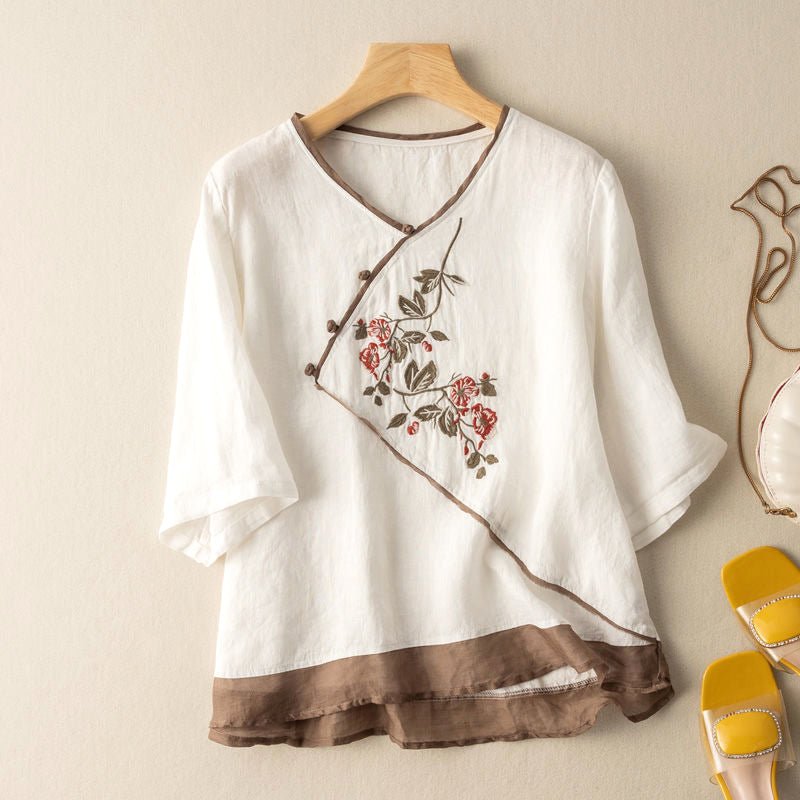Embroidered Kimono Style Linen Blend Blouse Breathable Summer Top - Nalani - UK and AUS Fashion Clothing and Decor
