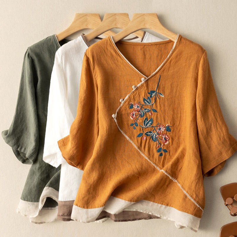Embroidered Kimono Style Linen Blend Blouse Breathable Summer Top - Nalani - UK and AUS Fashion Clothing and Decor