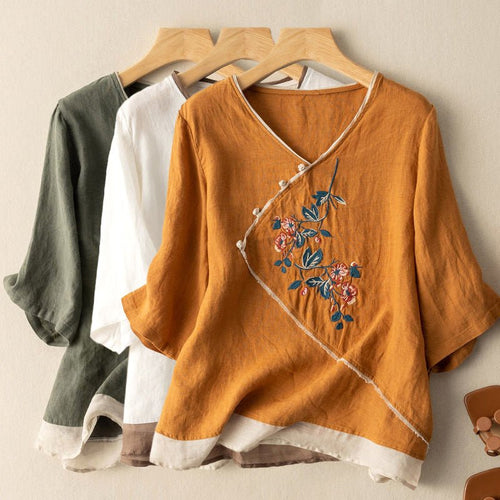 Embroidered Kimono Style Linen Blend Blouse Breathable Summer Top - Nalani - UK and AUS Fashion Clothing and Decor