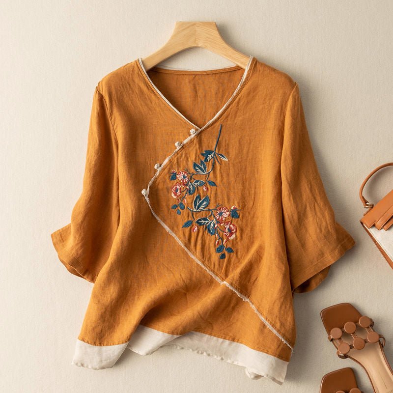 Embroidered Kimono Style Linen Blend Blouse Breathable Summer Top - Nalani - UK and AUS Fashion Clothing and Decor