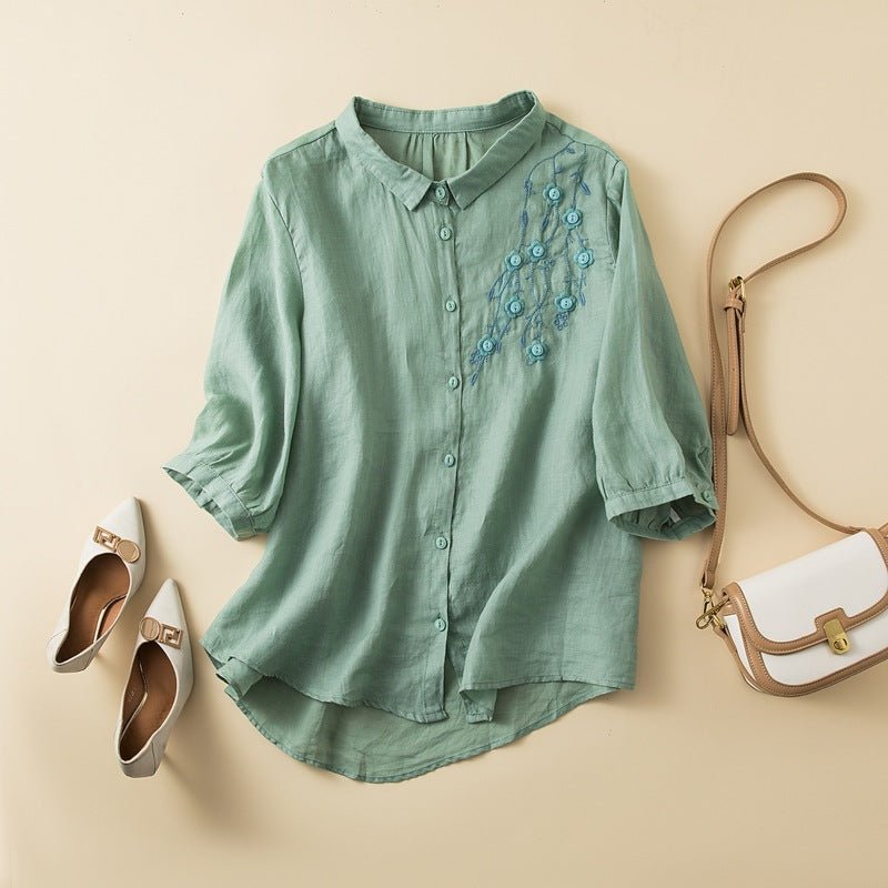 Embroidered Linen Blend Button Up Blouse With Curved Hem - Nalani - UK and AUS Fashion Clothing and Decor