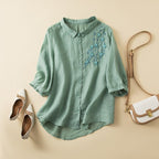 Embroidered Linen Blend Button Up Blouse With Curved Hem - Nalani - UK and AUS Fashion Clothing and Decor