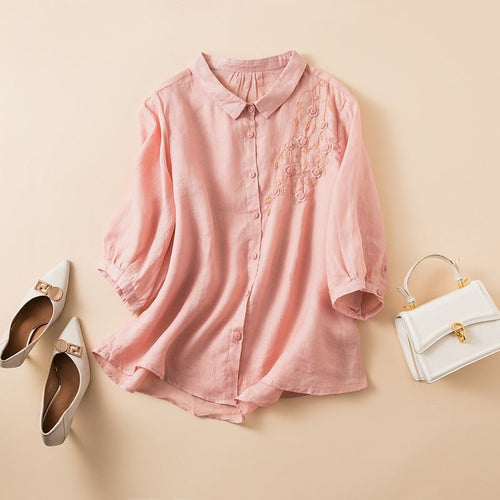 Embroidered Linen Blend Button Up Blouse With Curved Hem - Nalani - UK and AUS Fashion Clothing and Decor
