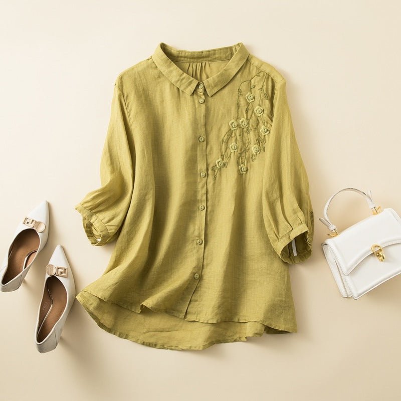 Embroidered Linen Blend Button Up Blouse With Curved Hem - Nalani - UK and AUS Fashion Clothing and Decor