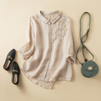 Embroidered Linen Blend Button Up Blouse With Curved Hem - Nalani - UK and AUS Fashion Clothing and Decor