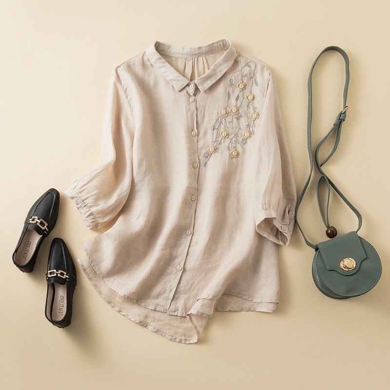 Embroidered Linen Blend Button Up Blouse With Curved Hem - Nalani - UK and AUS Fashion Clothing and Decor