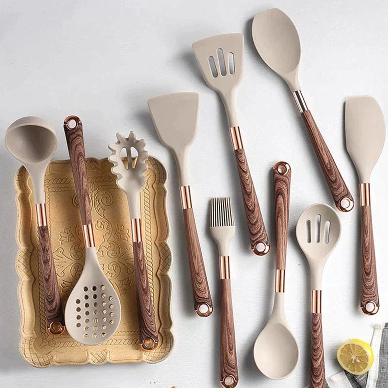Food-Safe Silicone Kitchen Tools with Wooden Handle – 10-Piece Silicone Cooking Utensil Set – KitchenElegance - Nalani - Fashion Clothing and Decor