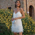 Fringe Embellished Mini Dress With Feather Hem For Cocktail - Nalani - UK and AUS Fashion Clothing and Decor