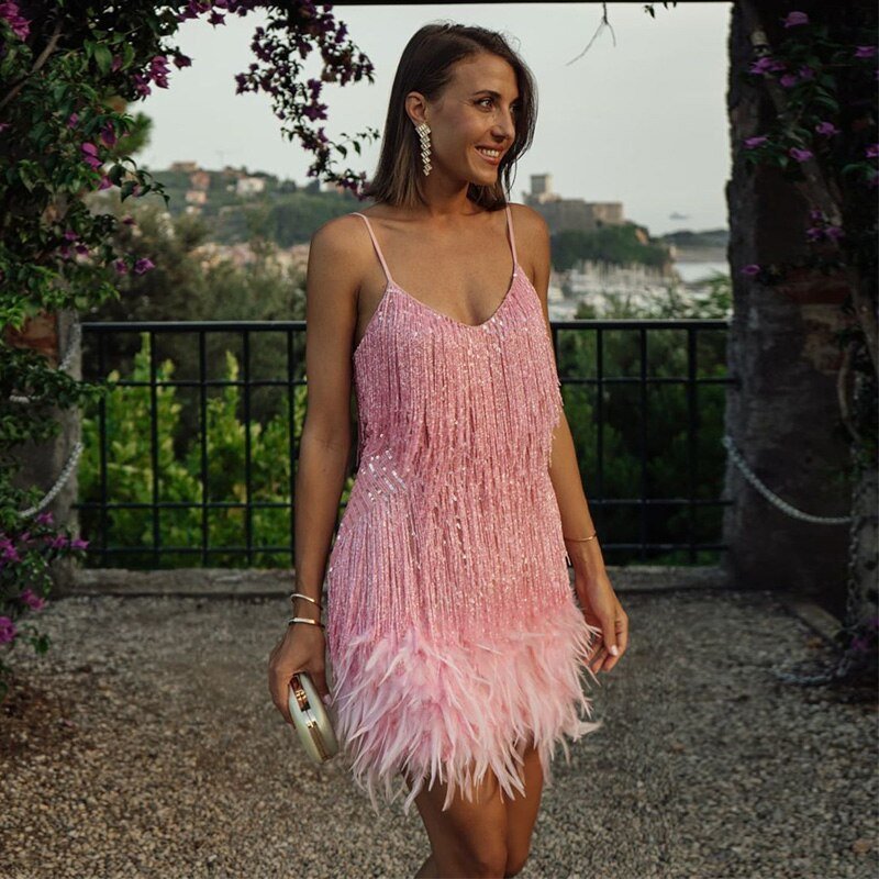 Fringe Embellished Mini Dress With Feather Hem For Cocktail - Nalani - UK and AUS Fashion Clothing and Decor