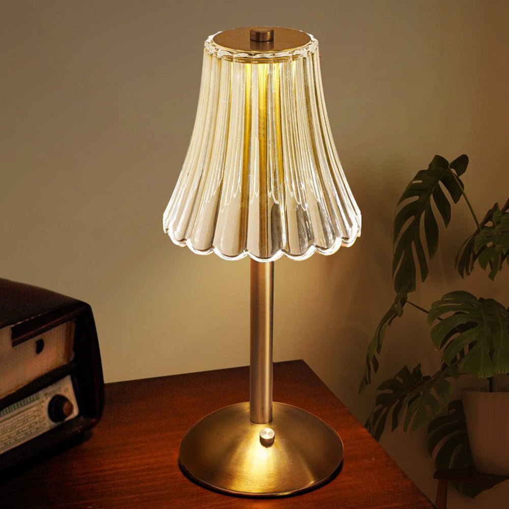 Golden Crystal Table Lamp – Cordless Rechargeable Touch Lamp with Crystal Shade, Dimmable, Brushed Aluminum Finish – Aurora Luxe - Nalani - Fashion Clothing and Decor