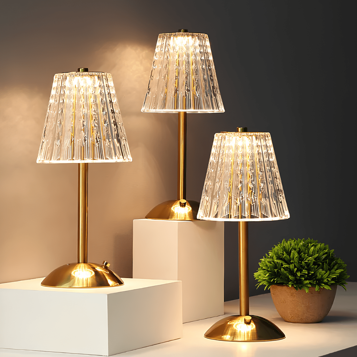 Golden Crystal Table Lamp – Cordless Rechargeable Touch Lamp with Crystal Shade, Dimmable, Brushed Aluminum Finish – Aurora Luxe - Nalani - Fashion Clothing and Decor