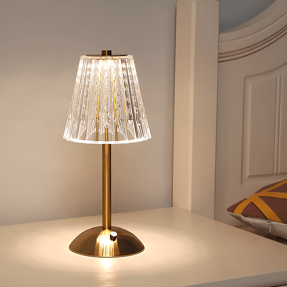 Golden Crystal Table Lamp – Cordless Rechargeable Touch Lamp with Crystal Shade, Dimmable, Brushed Aluminum Finish – Aurora Luxe - Nalani - Fashion Clothing and Decor