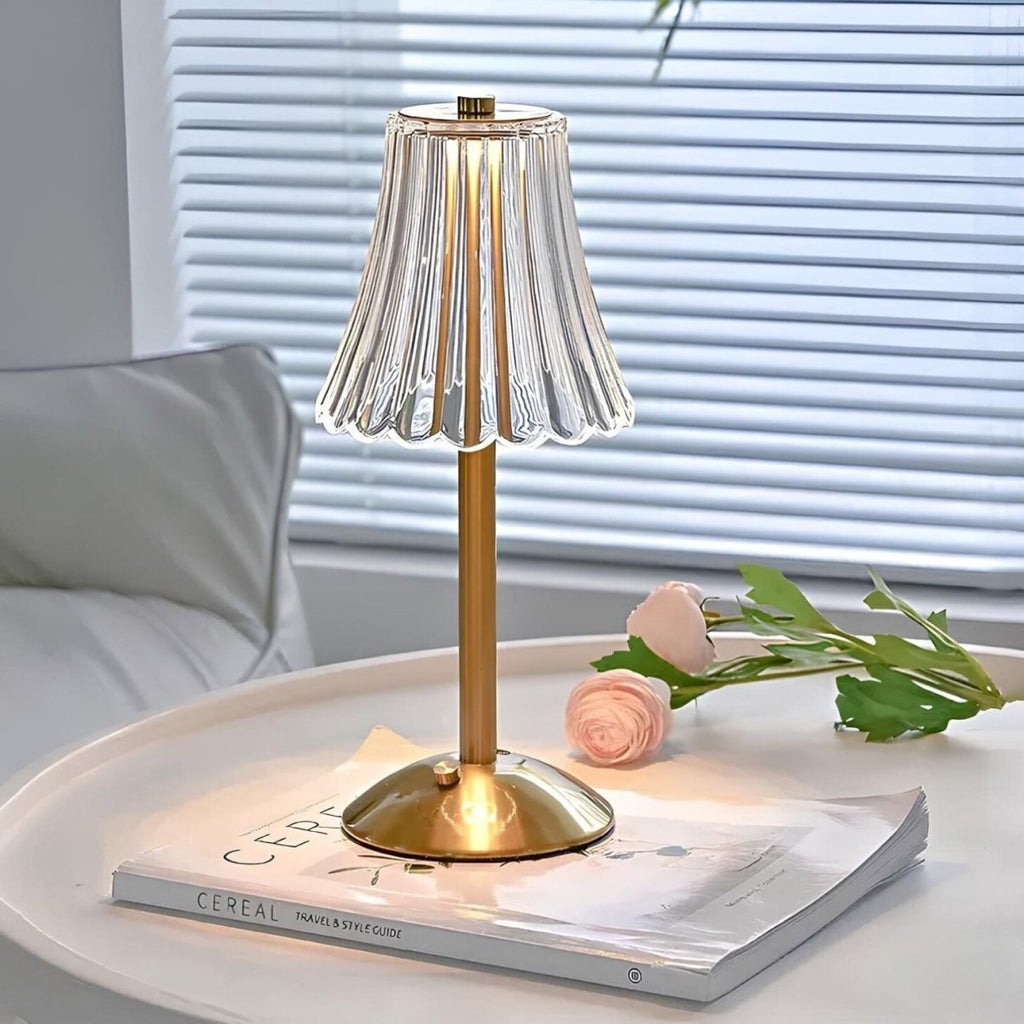 Golden Crystal Table Lamp – Cordless Rechargeable Touch Lamp with Crystal Shade, Dimmable, Brushed Aluminum Finish – Aurora Luxe - Nalani - Fashion Clothing and Decor