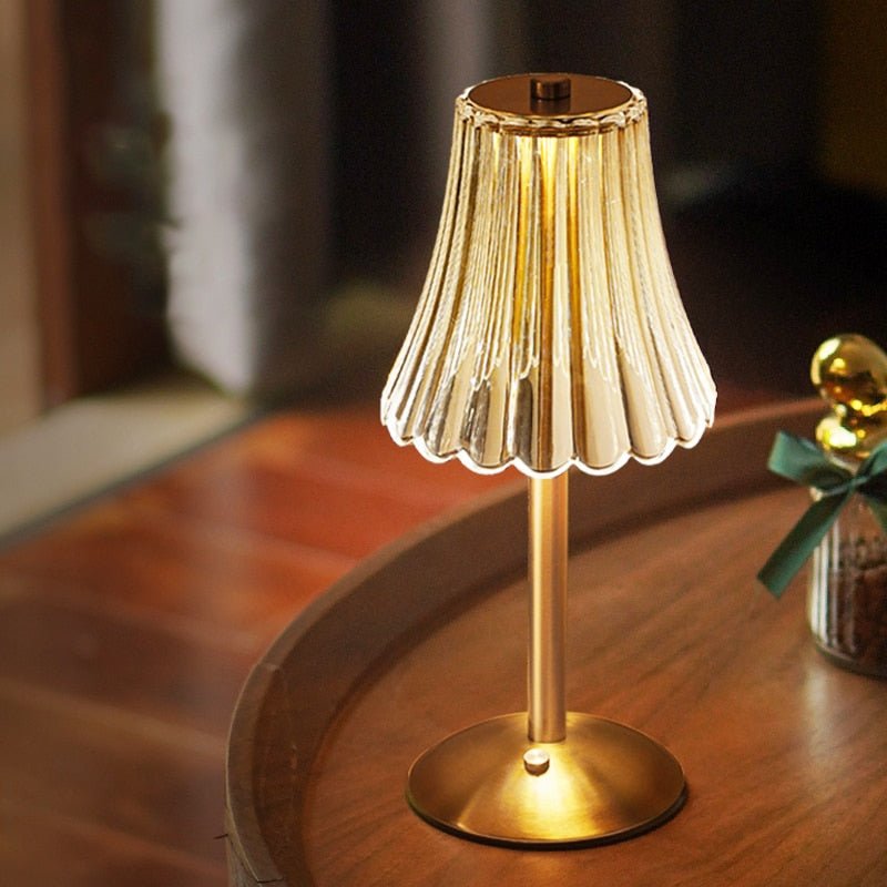 Golden Crystal Table Lamp – Cordless Rechargeable Touch Lamp with Crystal Shade, Dimmable, Brushed Aluminum Finish – Aurora Luxe - Nalani - Fashion Clothing and Decor
