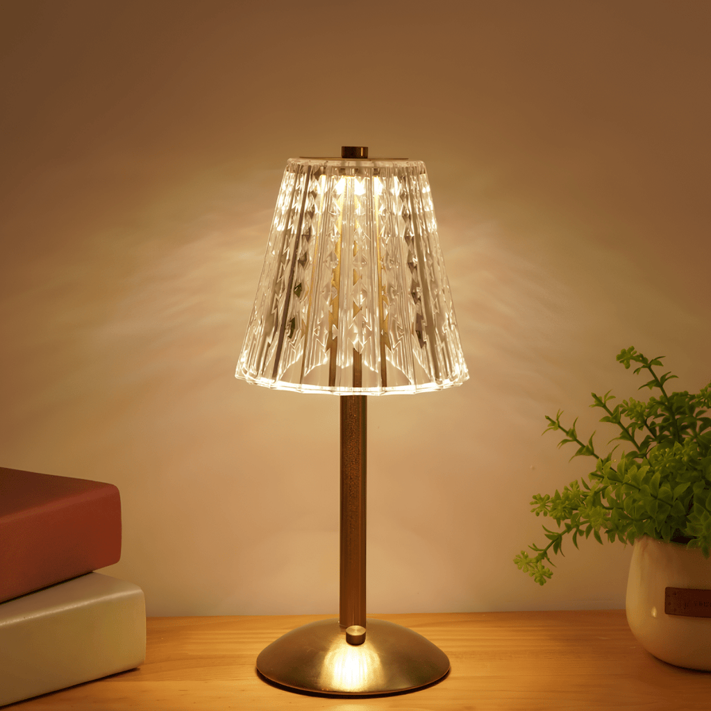 Golden Crystal Table Lamp – Cordless Rechargeable Touch Lamp with Crystal Shade, Dimmable, Brushed Aluminum Finish – Aurora Luxe - Nalani - Fashion Clothing and Decor