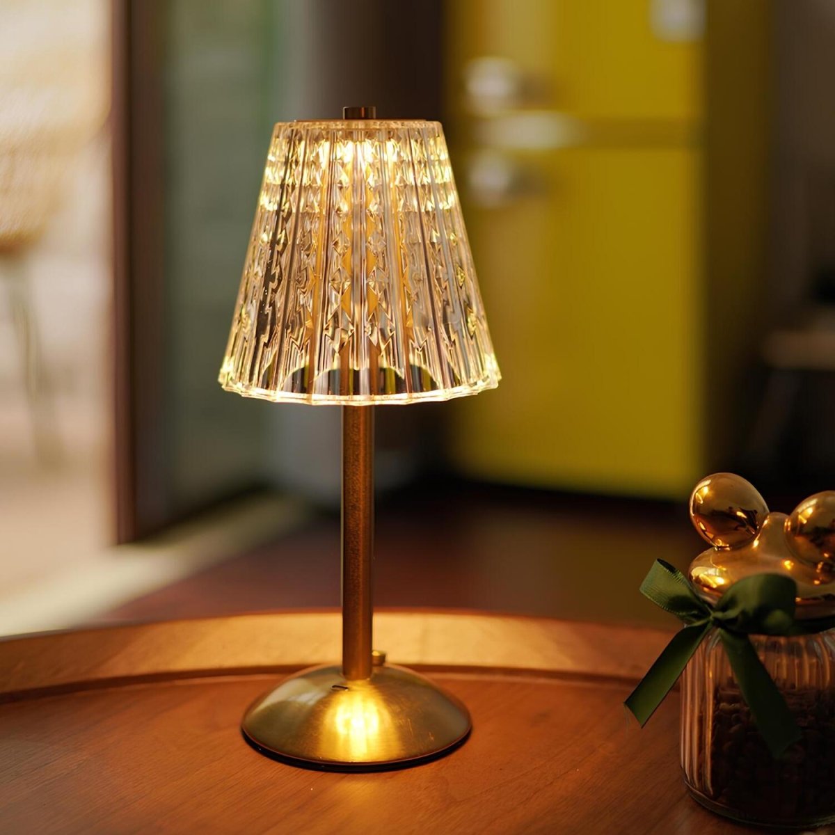 Golden Crystal Table Lamp – Cordless Rechargeable Touch Lamp with Crystal Shade, Dimmable, Brushed Aluminum Finish – Aurora Luxe - Nalani - Fashion Clothing and Decor