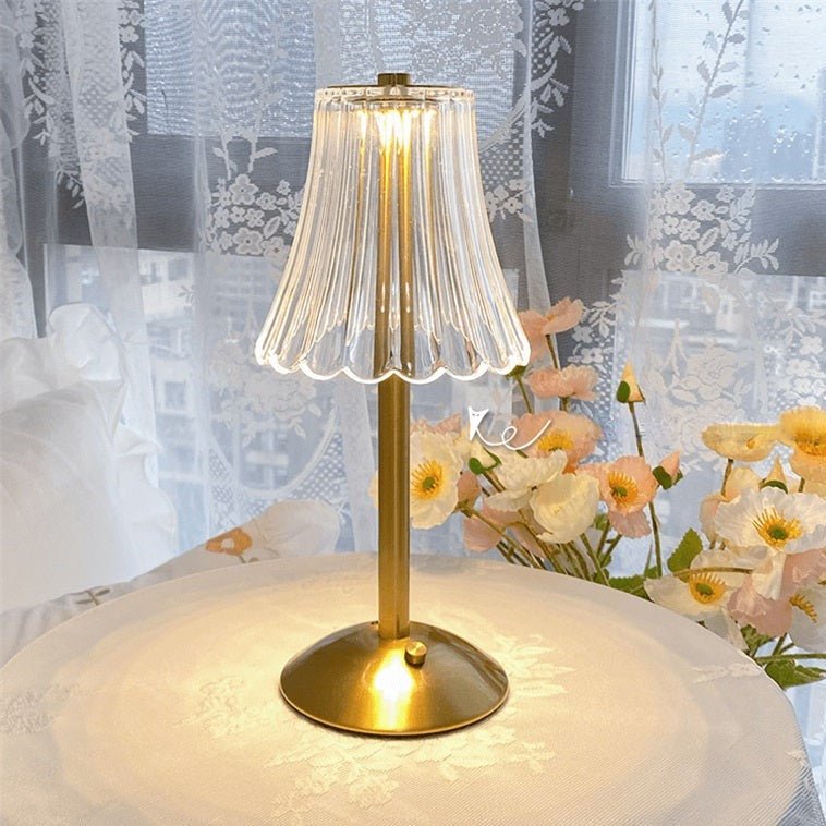 Golden Crystal Table Lamp – Cordless Rechargeable Touch Lamp with Crystal Shade, Dimmable, Brushed Aluminum Finish – Aurora Luxe - Nalani - Fashion Clothing and Decor