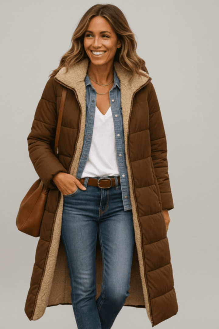 Hooded Longline Puffer Coat for Women – Long Padded Winter Coat with Hood, 7 Colours, S–3XL – Amelia Laurent - Nalani - Fashion Clothing and Decor