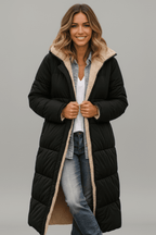 Hooded Longline Puffer Coat for Women – Long Padded Winter Coat with Hood, 7 Colours, S–3XL – Amelia Laurent - Nalani - Fashion Clothing and Decor
