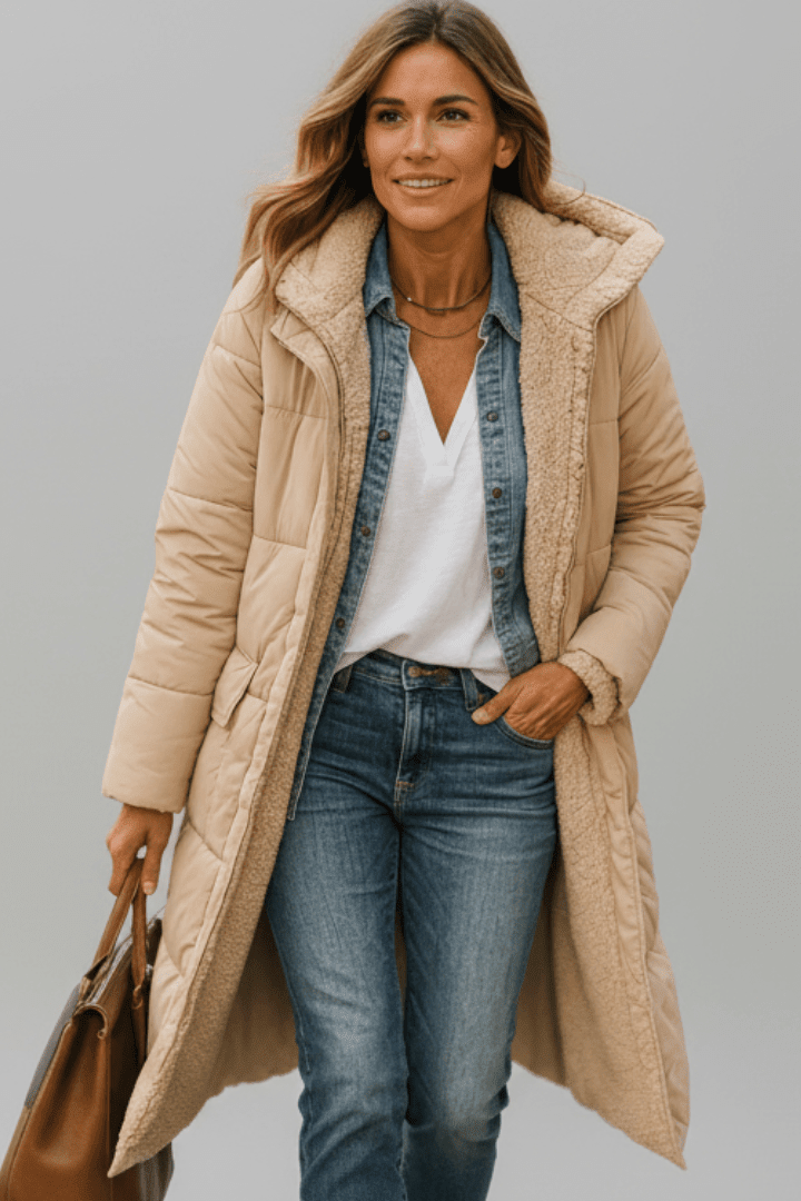 Hooded Longline Puffer Coat for Women – Long Padded Winter Coat with Hood, 7 Colours, S–3XL – Amelia Laurent - Nalani - Fashion Clothing and Decor