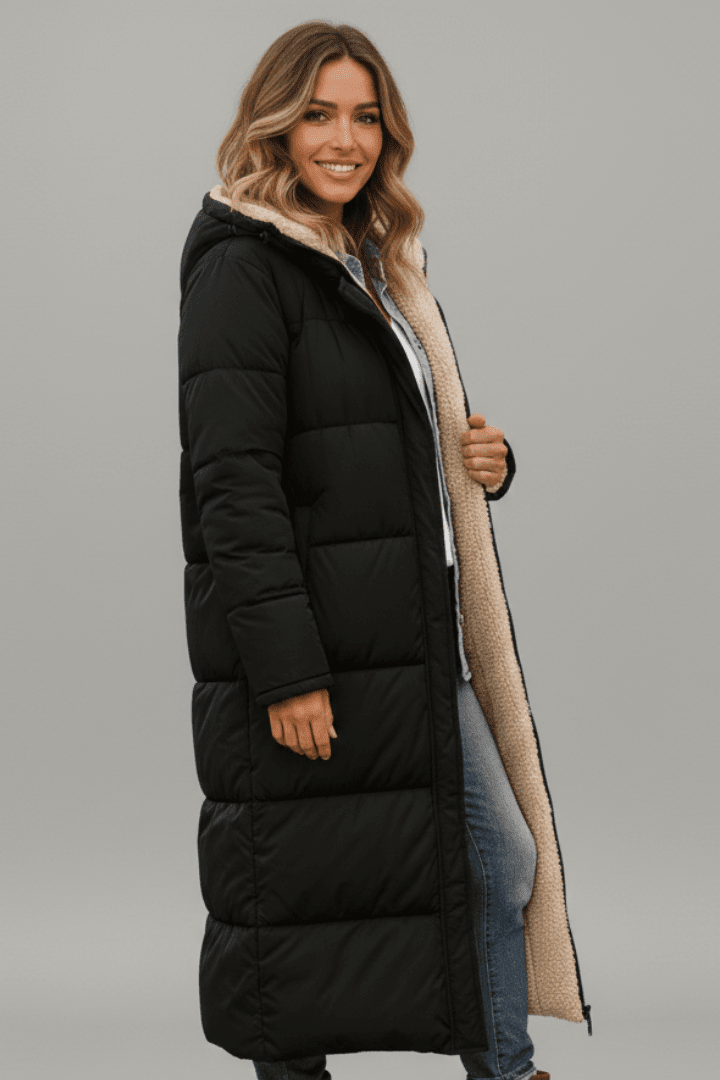 Hooded Longline Puffer Coat for Women – Long Padded Winter Coat with Hood, 7 Colours, S–3XL – Amelia Laurent - Nalani - Fashion Clothing and Decor