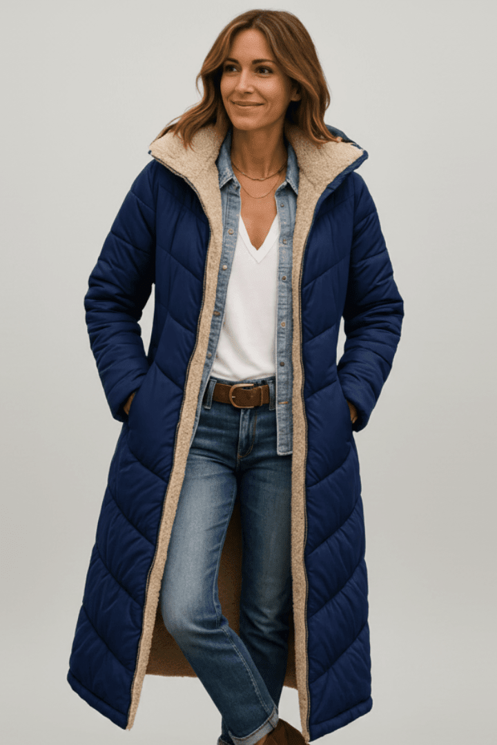 Hooded Longline Puffer Coat for Women – Long Padded Winter Coat with Hood, 7 Colours, S–3XL – Amelia Laurent - Nalani - Fashion Clothing and Decor
