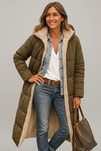 Hooded Longline Puffer Coat for Women – Long Padded Winter Coat with Hood, 7 Colours, S–3XL – Amelia Laurent - Nalani - Fashion Clothing and Decor