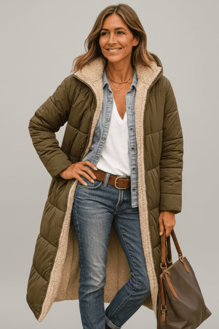 Hooded Longline Puffer Coat for Women – Long Padded Winter Coat with Hood, 7 Colours, S–3XL – Amelia Laurent - Nalani - Fashion Clothing and Decor