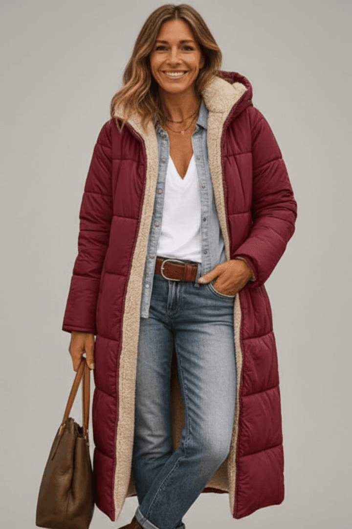 Hooded Longline Puffer Coat for Women – Long Padded Winter Coat with Hood, 7 Colours, S–3XL – Amelia Laurent - Nalani - Fashion Clothing and Decor