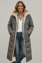 Hooded Longline Puffer Coat for Women – Long Padded Winter Coat with Hood, 7 Colours, S–3XL – Amelia Laurent - Nalani - Fashion Clothing and Decor