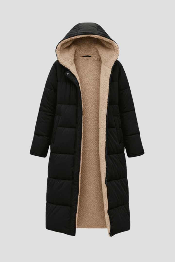 Hooded Longline Puffer Coat for Women – Long Padded Winter Coat with Hood, 7 Colours, S–3XL – Amelia Laurent - Nalani - Fashion Clothing and Decor