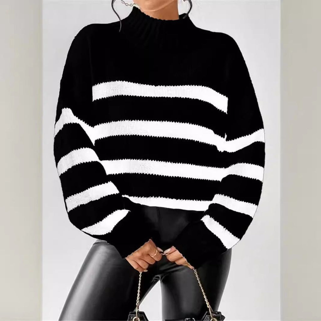 Isana | Women's Striped Ribbed Collar Sweater - Long Sleeve Knit Pullover - Nalani - Fashion Clothing and Decor